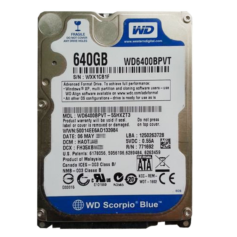 Western Digital - 640GB 5.4K SATA 3.0Gbps 2.5" 8MB Hard Drive - WD6400BPVT-55HXZT3