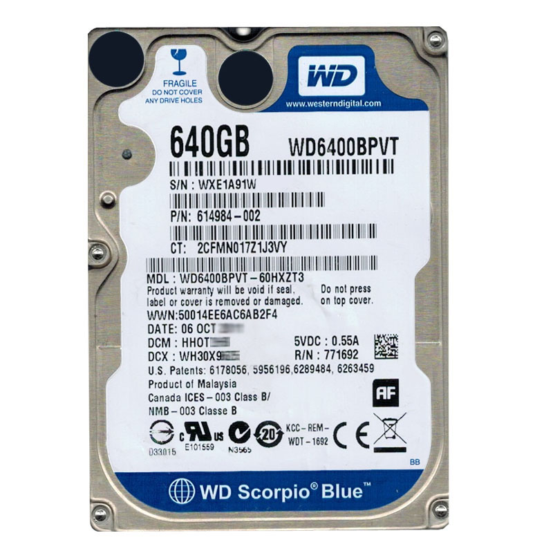 Western Digital - 640GB 5.4K SATA 3.0Gbps 2.5" 8MB Hard Drive - WD6400BPVT-60HXZT3