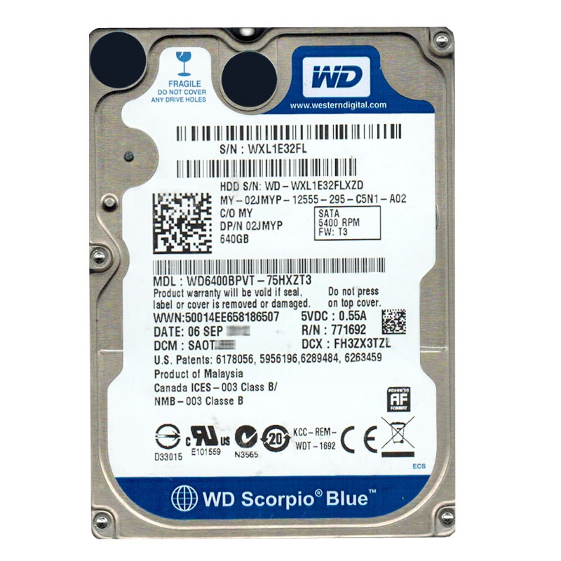 Western Digital - 640GB 5.4K SATA 3.0Gbps 2.5" 8MB Hard Drive - WD6400BPVT-75HXZT3