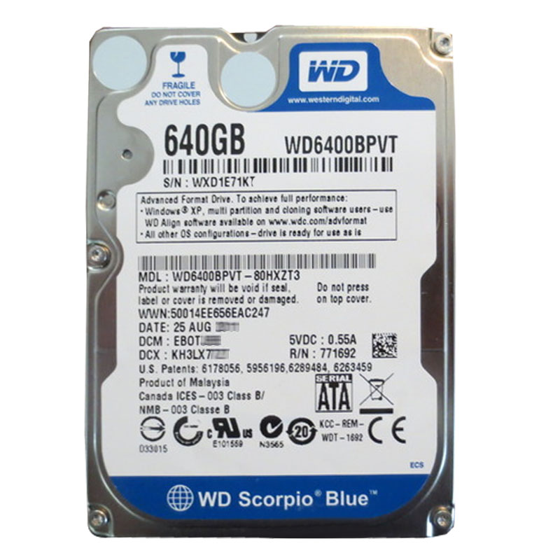 Western Digital - 640GB 5.4K SATA 3.0Gbps 2.5" 8MB Hard Drive - WD6400BPVT-80HXZT3
