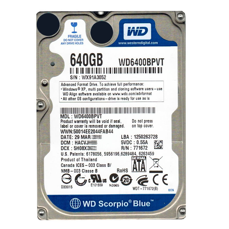 Western Digital - 640GB 5.4K SATA 3.0Gbps 2.5" 8MB Hard Drive - WD6400BPVT