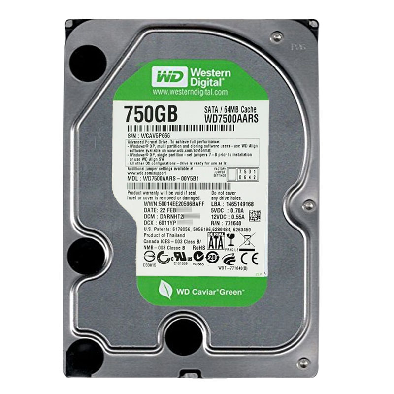 Western Digital - 750GB IntelliPower SATA 3.0Gbps 3.5" 64MB Hard Drive - WD7500AARS-00Y5B1
