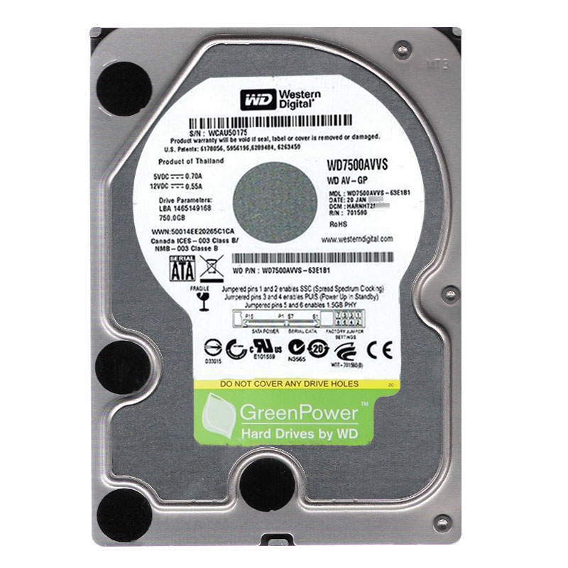 Western Digital - 750GB 5.4K SATA 3.0Gbps 3.5" 8MB Hard Drive - WD7500AVVS-63E1B1