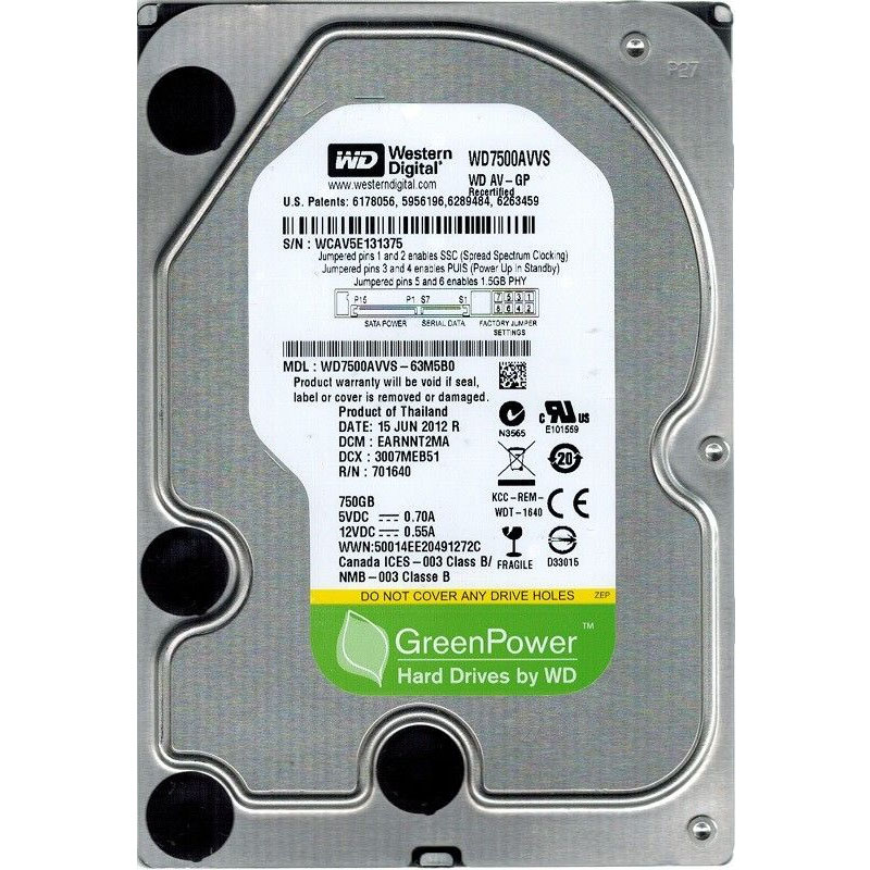 Western Digital - 750GB 7.2K SATA 3.0Gbps 3.5" 8MB Cache Hard Drive - WD7500AVVS-63M5B0