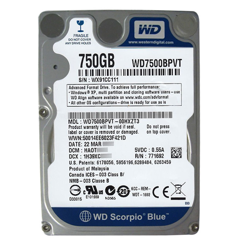 Western Digital - 750GB 5.4K SATA 3.0Gbps 2.5" 8MB Hard Drive - WD7500BPVT-00HXZT3