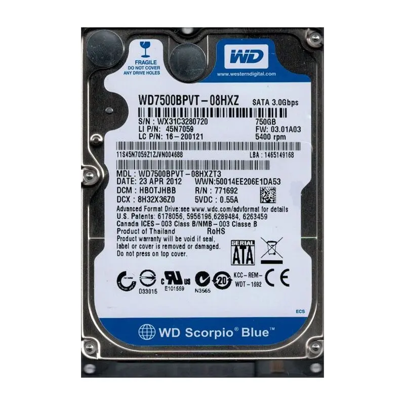 WD7500BPVT-08HXZ.jpg Western Digital - 750GB 5.4K SATA 2.5" Hard Drive - WD7500BPVT-08HXZ - Image 1