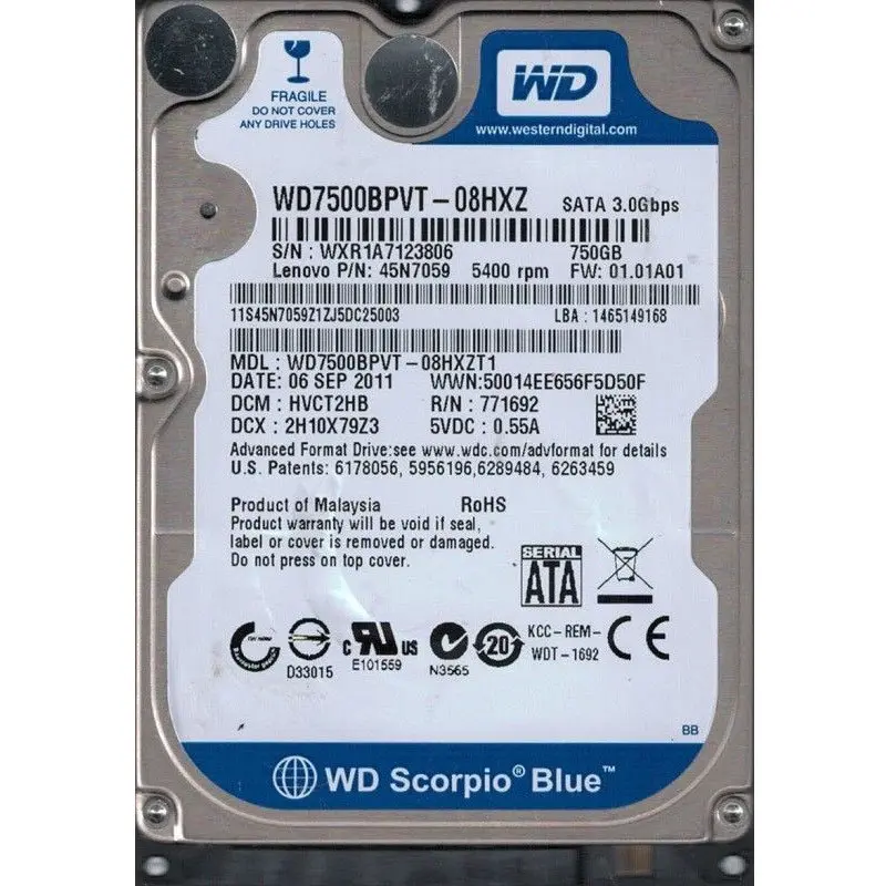 WD7500BPVT-08HXZT1.jpg Western Digital - 750GB 5.4K SATA 2.5" Hard Drive - WD7500BPVT-08HXZT1 - Image 1