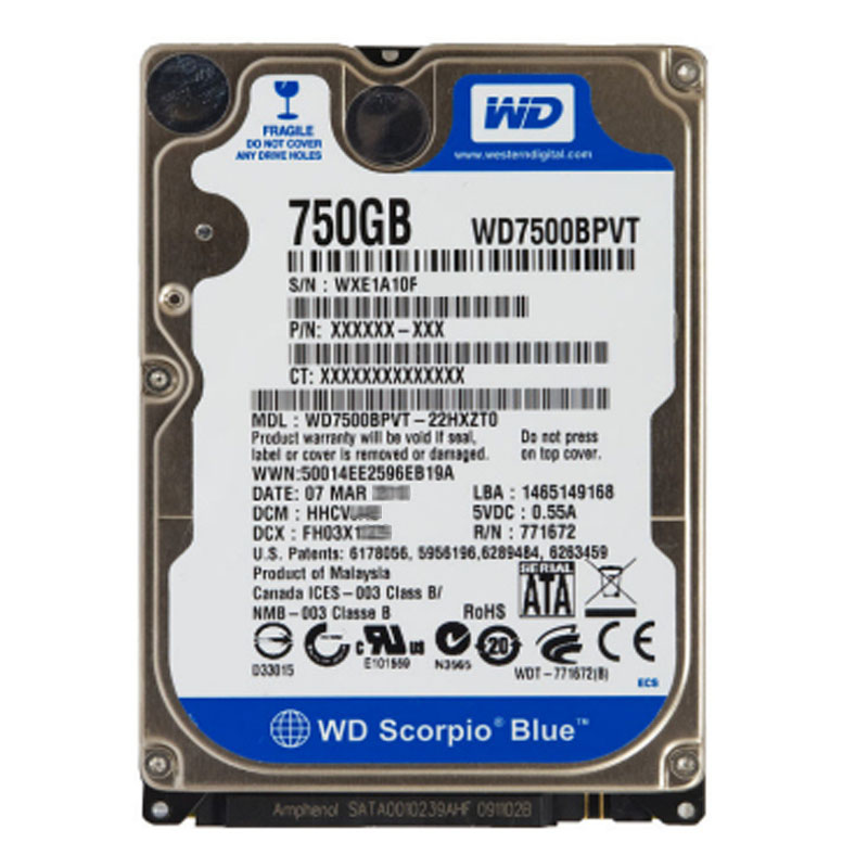 Western Digital - 750GB 5.4K SATA 3.0Gbps 2.5" 8MB Hard Drive - WD7500BPVT-22HXZT0