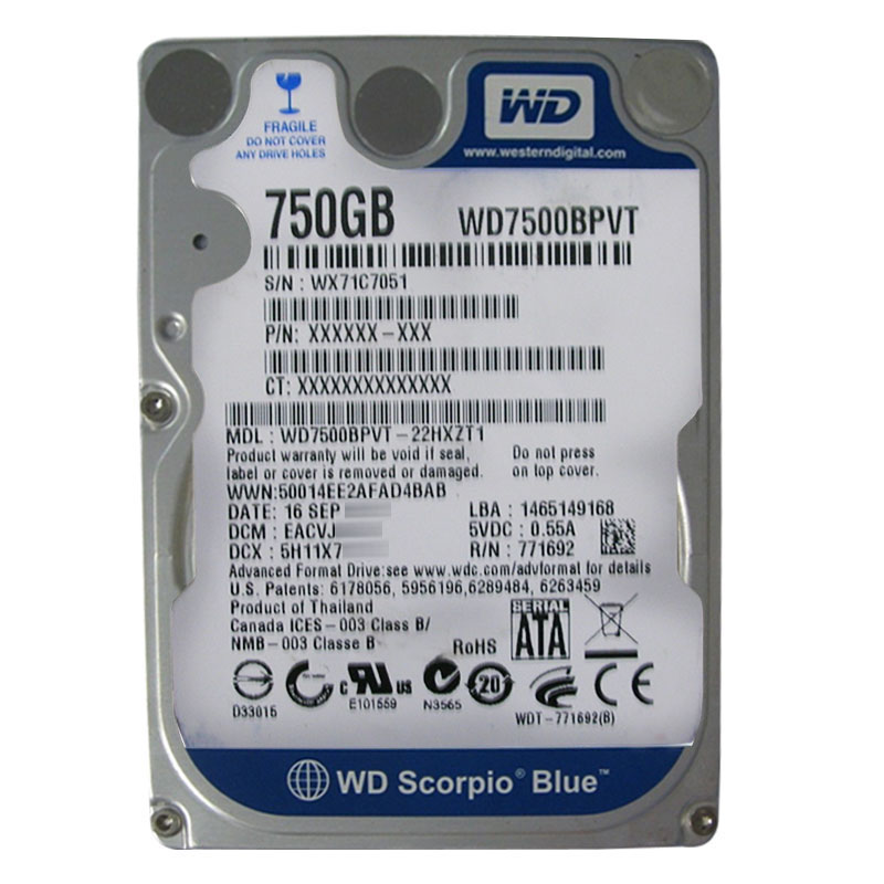 Western Digital - 750GB 5.4K SATA 3.0Gbps 2.5" 8MB Hard Drive - WD7500BPVT-22HXZT1