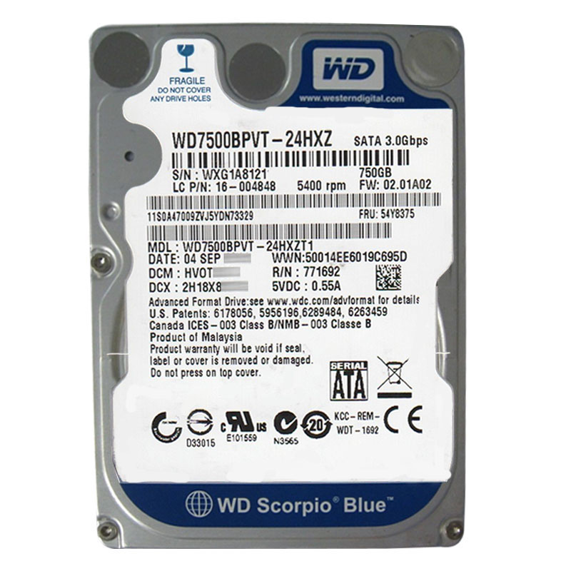 Western Digital - 750GB 5.4K SATA 3.0Gbps 2.5" 8MB Hard Drive - WD7500BPVT-24HXZT1