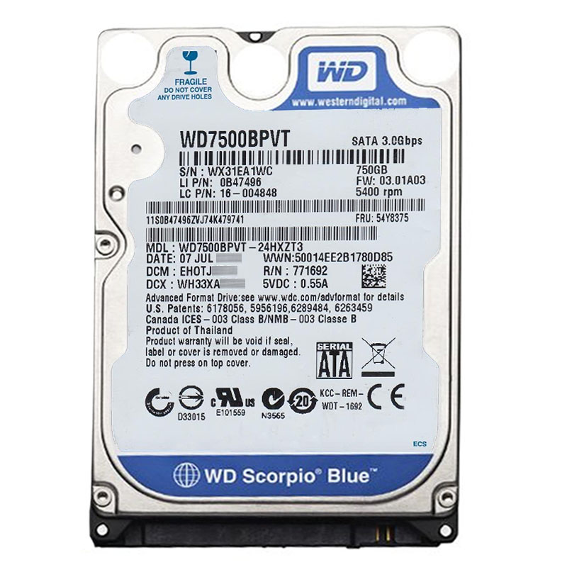 Western Digital - 750GB 5.4K SATA 3.0Gbps 2.5" 8MB Hard Drive - WD7500BPVT-24HXZT3