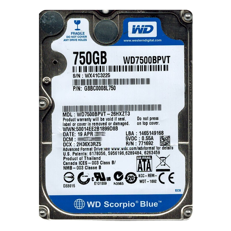 Western Digital - 750GB 5.4K SATA 3.0Gbps 2.5" 8MB Cache Hard Drive - WD7500BPVT-26HXZT3