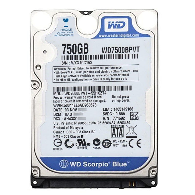 Western Digital - 750GB 5.4K SATA 3.0Gbps 2.5" 8MB Hard Drive - WD7500BPVT-55HXZT4
