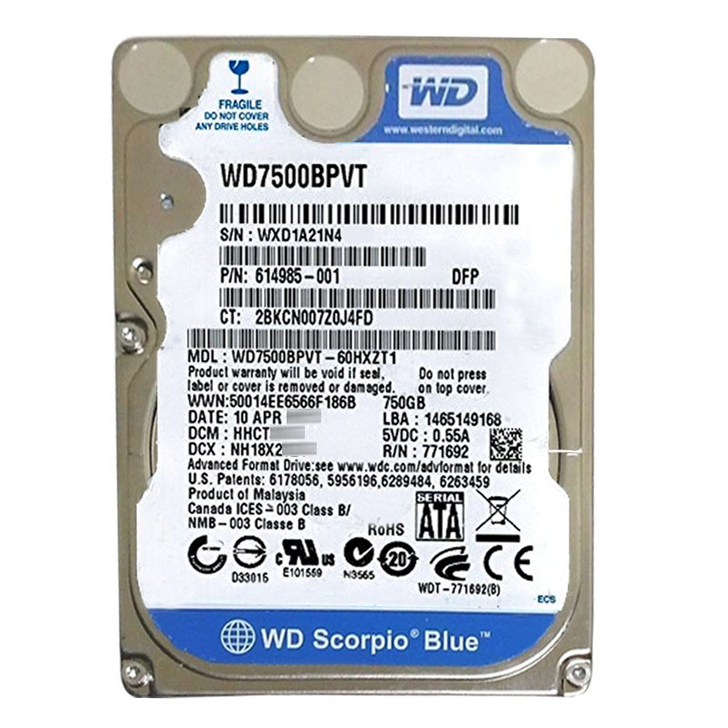 Western Digital - 750GB 5.4K SATA 3.0Gbps 2.5" 8MB Hard Drive - WD7500BPVT-60HXZT1