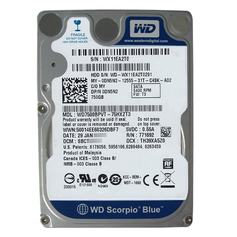 Western Digital - 750GB 5.4K SATA 3.0Gbps 2.5" 8MB Hard Drive - WD7500BPVT-75HXZT3