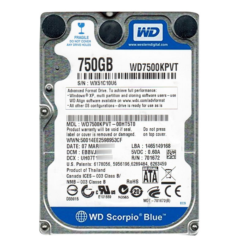 Western Digital - 750GB 5.2K SATA 3.0Gbps 2.5" 8MB Hard Drive - WD7500KPVT-00HT5T0