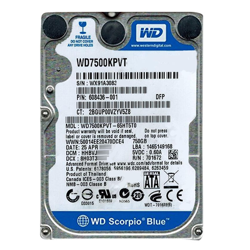 Western Digital - 750GB 5.2K SATA 3.0Gbps 2.5" 8MB Hard Drive - WD7500KPVT-65HT5T0