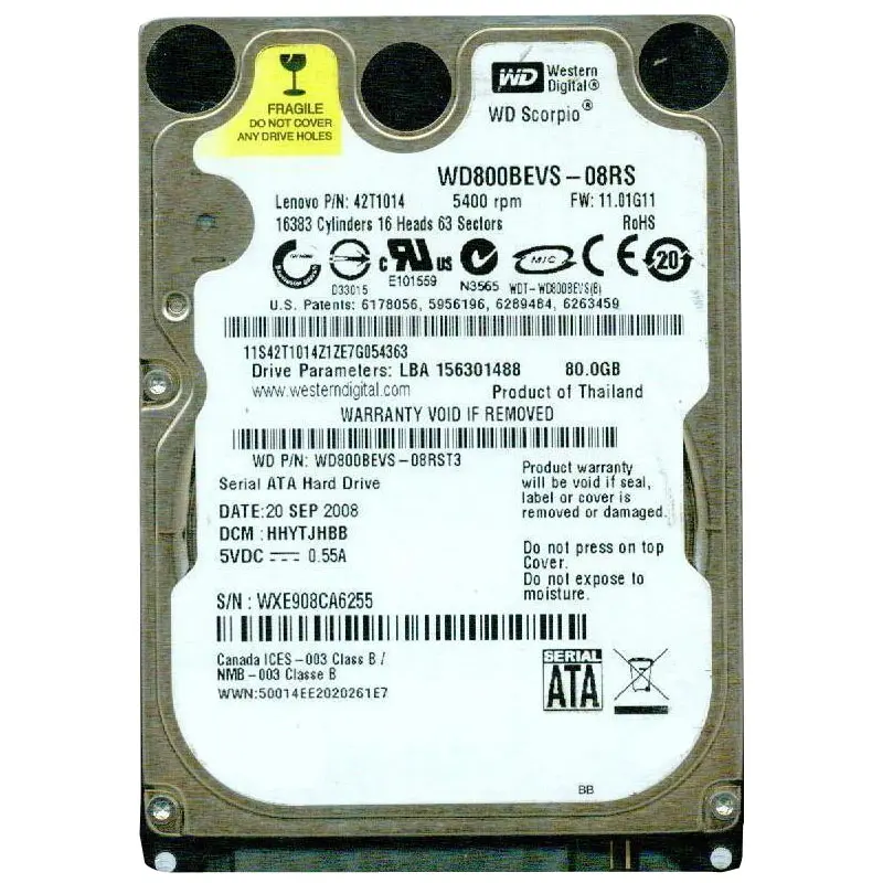 WD800BEVS-08RS.jpg Western Digital - 80GB 5.4K SATA 1.5Gbps 2.5" 8MB Cache Hard Drive - WD800BEVS-08RS - Image 1