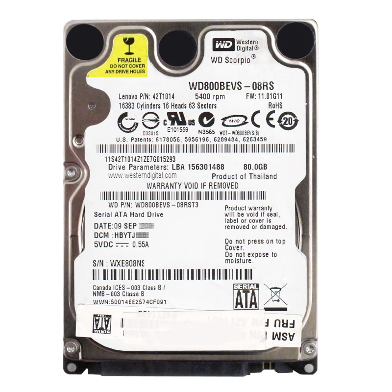 Western Digital - 80GB 5.4K SATA 1.5Gbps 2.5" 8MB Hard Drive - WD800BEVS-08RST3