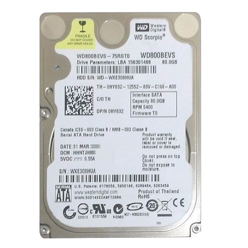 Western Digital - 80GB 5.4K SATA 1.5Gbps 2.5" 8MB Hard Drive - WD800BEVS-75RST0