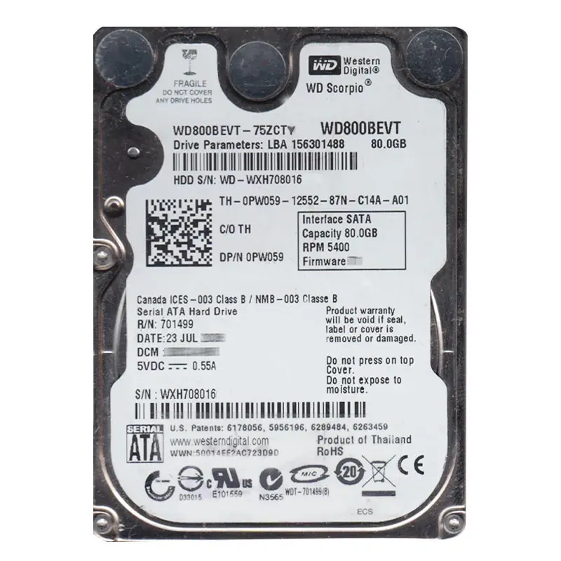 WD800BEVT-75ZCTY.jpg Western Digital - 80GB 5.4K SATA 3.0Gbps 2.5" 8MB Cache Hard Drive - WD800BEVT-75ZCTY - Image 1