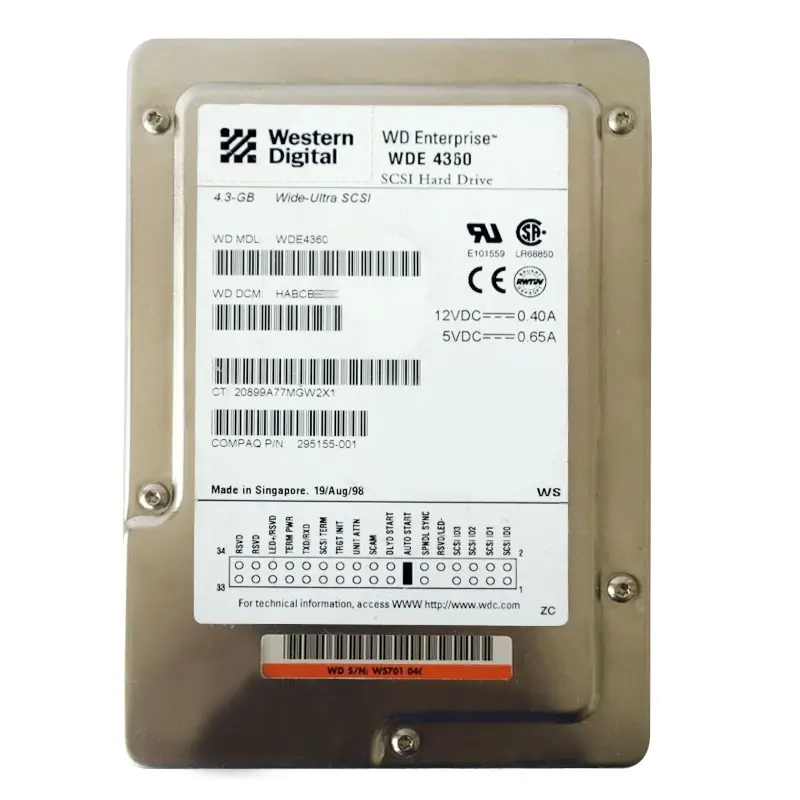 WDE4360.jpg Western Digital - 4.36GB 7.2K 68-PIN Ultra SCSI 3.5" 512KB Cache Hard Drive - WDE4360 - Image 1