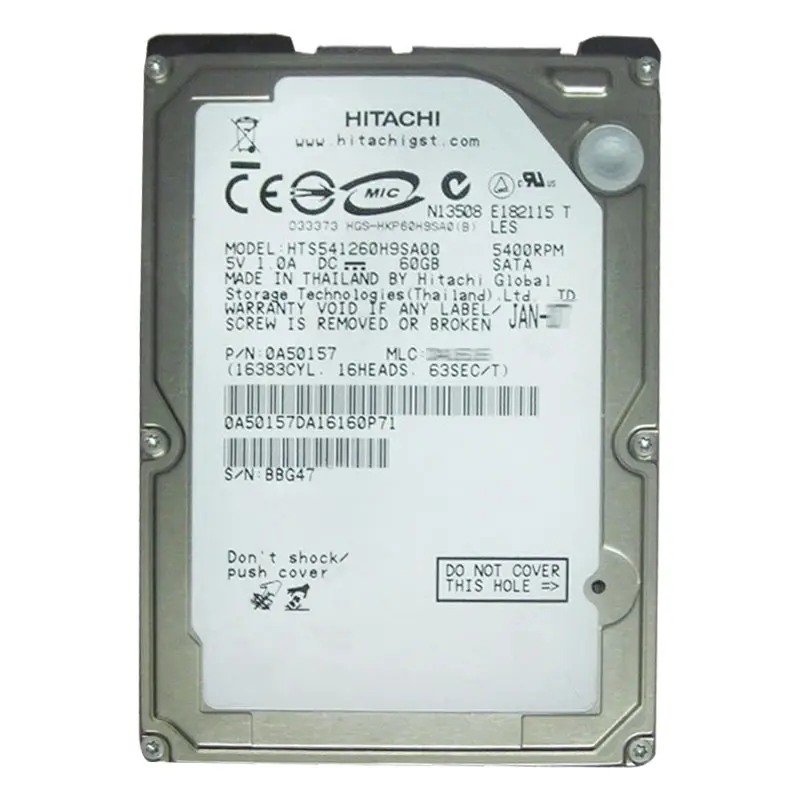 0A50157.jpg Hitachi 0A50157 - 60GB 5.4K SATA 1.5Gbps 2.5Inch 8MB Cache Hard Drive - Image 1
