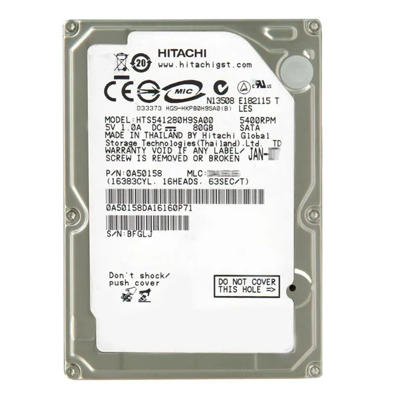 0A50158.jpg Hitachi 0A50158 - 80GB 5.4K SATA 1.5Gbps 2.5Inch 8MB Cache Hard Drive - Image 1