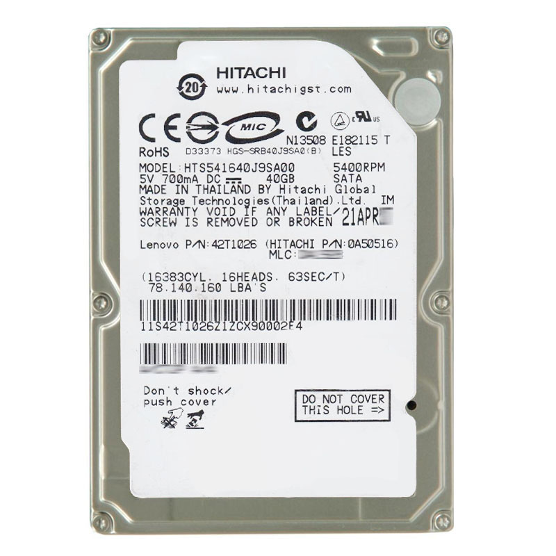 0A50516.jpg Hitachi 0A50516 - 40GB 5.4K SATA 1.5Gbps 2.5Inch 8MB Cache Hard Drive - Image 1