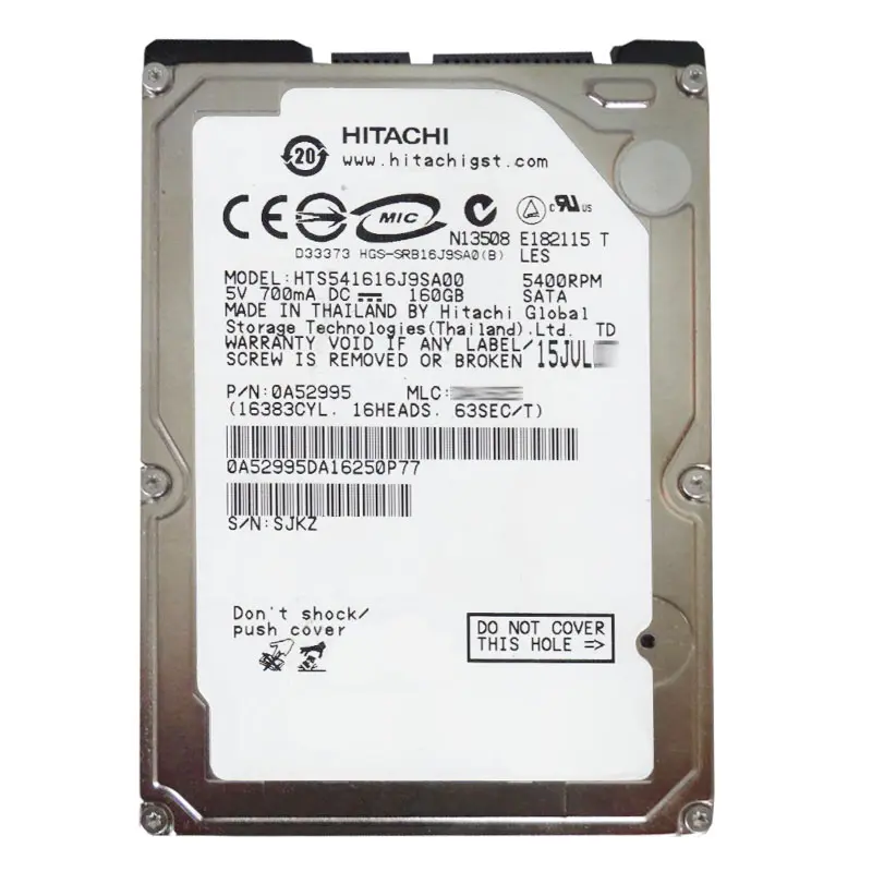 0A52995.jpg Hitachi 0A52995 - 160GB 5.4K SATA 1.5Gbps 2.5Inch 8MB Cache Hard Drive - Image 1