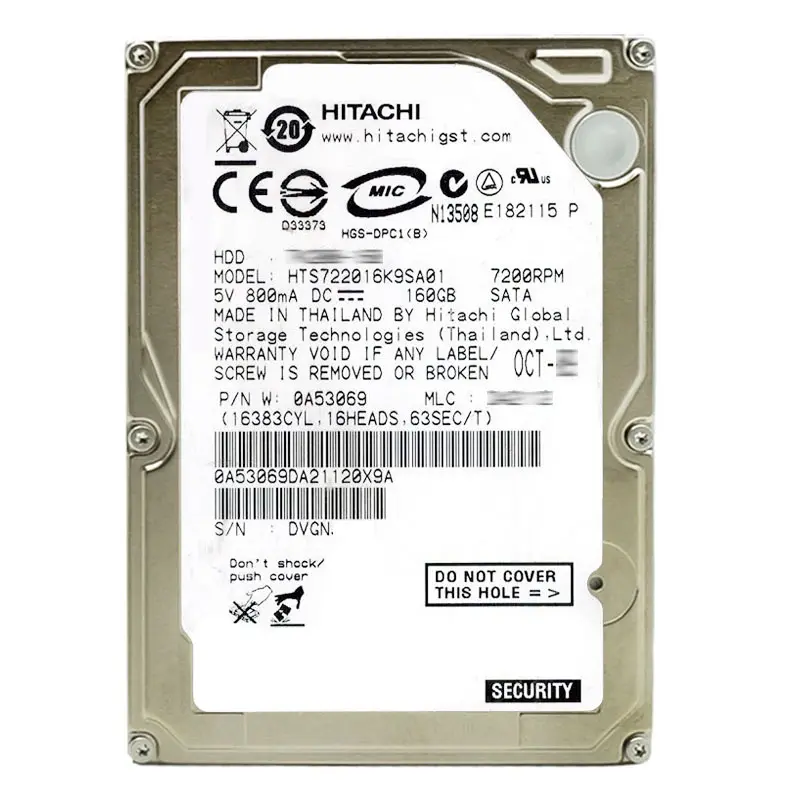 0A53069.jpg Hitachi 0A53069 - 160GB 7.2K SATA 1.5Gbps 2.5Inch 16MB Cache Hard Drive - Image 1