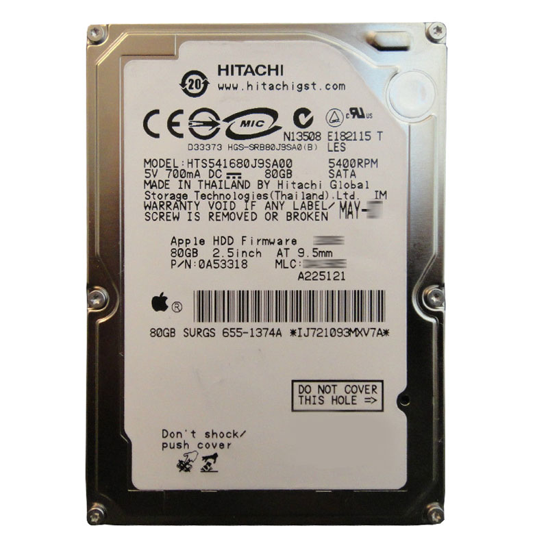 0A53318.jpg Hitachi 0A53318 - 80GB 5.4K SATA 1.5Gbps 2.5Inch 8MB Cache Hard Drive - Image 1
