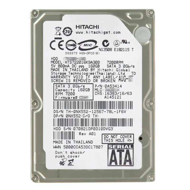 0A53414.jpg Hitachi 0A53414 - 160GB 7.2K SATA 3.0Gbps 2.5Inch 16MB Cache Hard Drive - Image 1