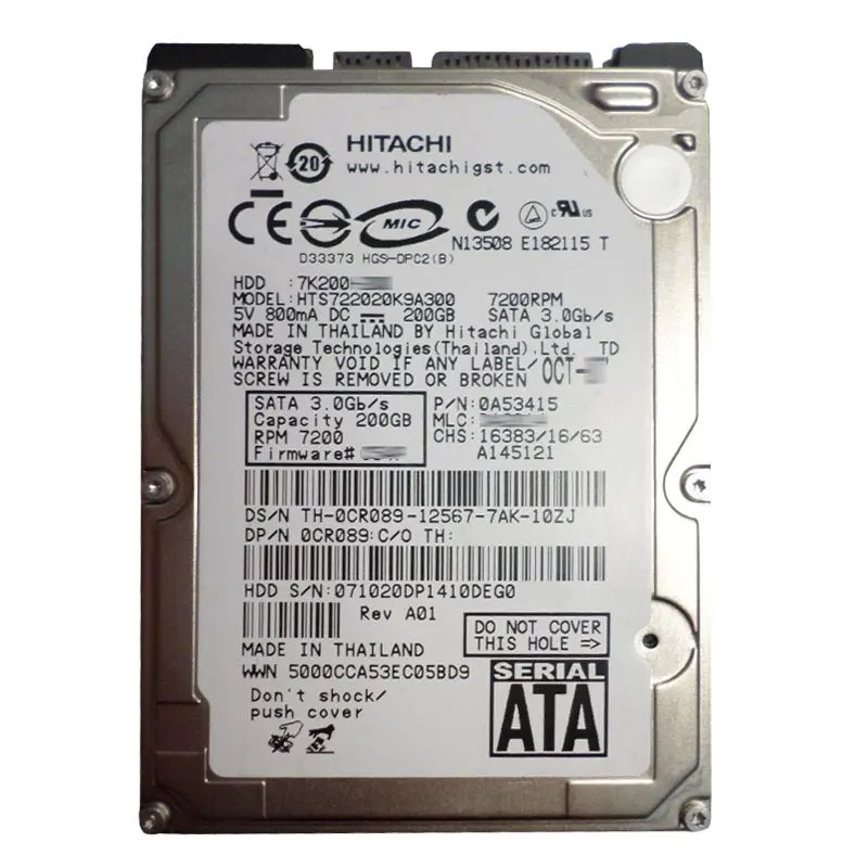 0A53415.jpg Hitachi 0A53415 - 200GB 7.2K SATA 3.0Gbps 2.5Inch 16MB Cache Hard Drive - Image 1