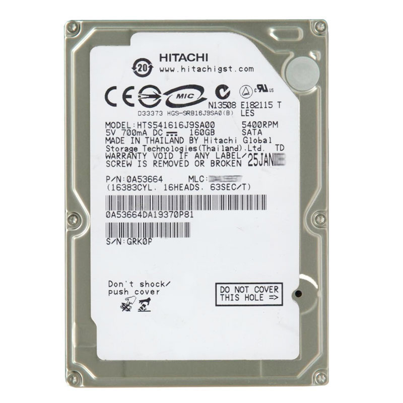0A53664.jpg Hitachi 0A53664 - 160GB 5.4K SATA 1.5Gbps 2.5Inch 8MB Cache Hard Drive - Image 1