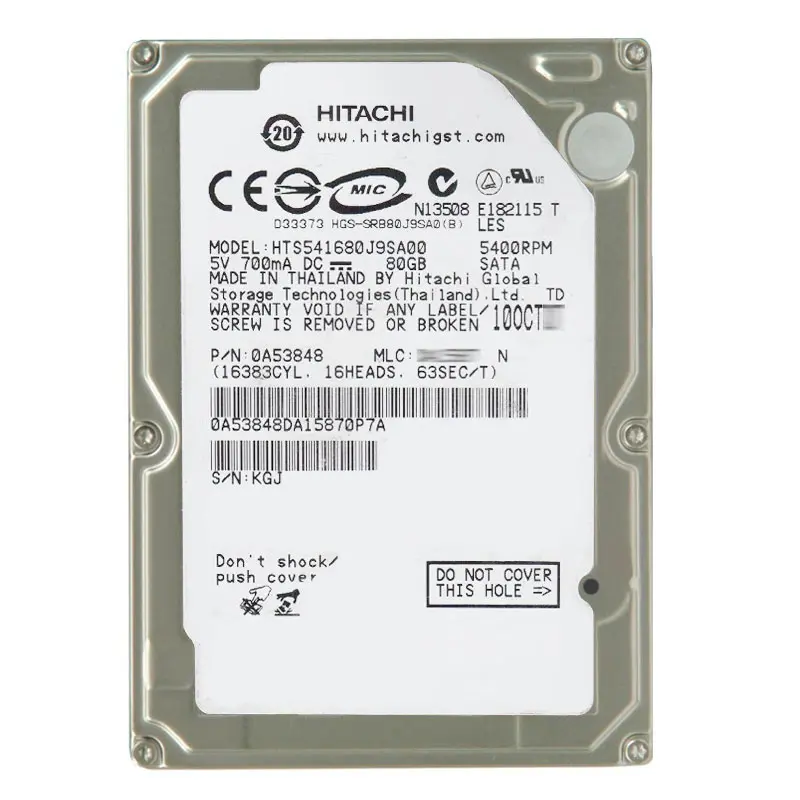 0A53848.jpg Hitachi 0A53848 - 80GB 5.4K SATA 1.5Gbps 2.5Inch 8MB Cache Hard Drive - Image 1
