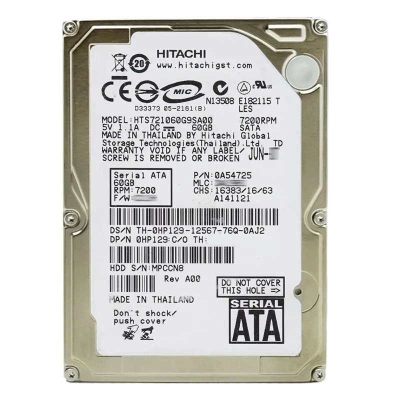 0A54725.jpg Hitachi 0A54725 - 60GB 7.2K SATA 1.5Gbps 2.5Inch 8MB Cache Hard Drive - Image 1