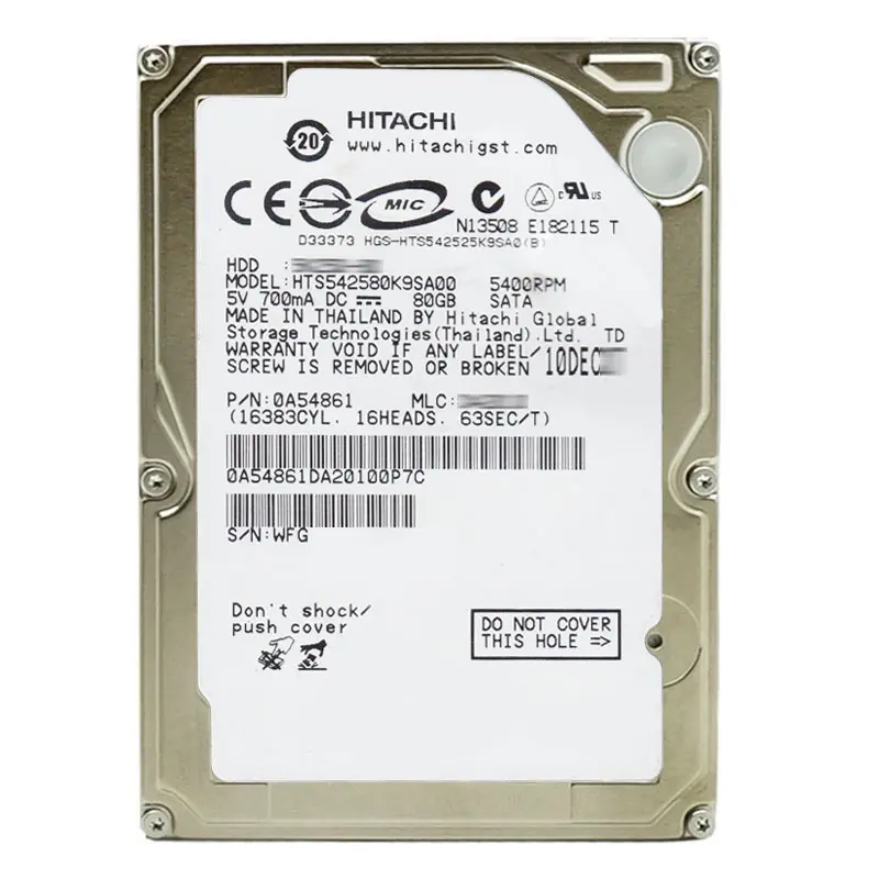 0A54861.jpg Hitachi 0A54861 - 80GB 5.4K SATA 1.5Gbps 2.5Inch 8MB Cache Hard Drive - Image 1