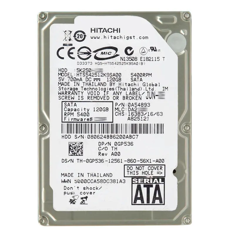 0A54893.jpg Hitachi 0A54893 - 120GB 5.4K SATA 1.5Gbps 2.5Inch 8MB Cache Hard Drive - Image 1