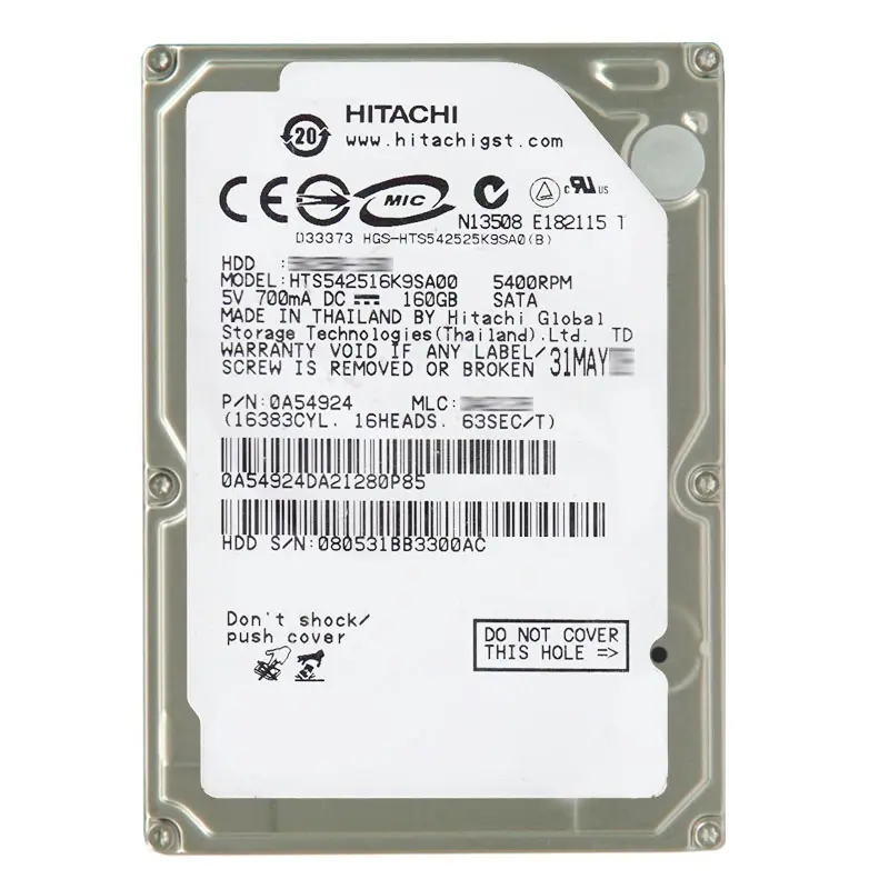 0A54924.jpg Hitachi 0A54924 - 160GB 5.4K SATA 1.5Gbps 2.5Inch 8MB Cache Hard Drive - Image 1