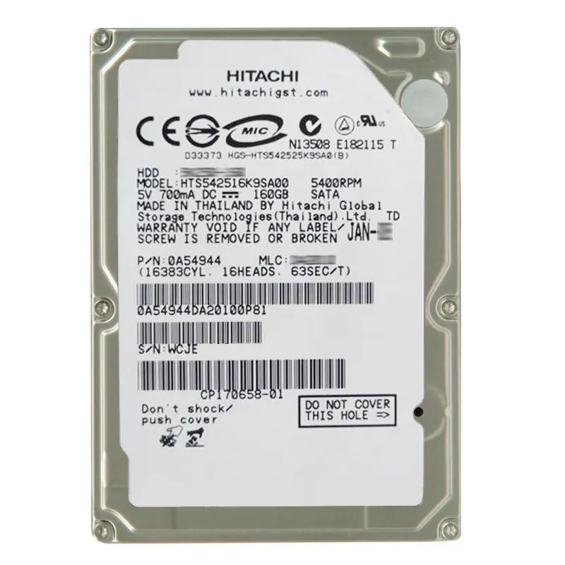 0A54944.jpg Hitachi 0A54944 - 160GB 5.4K SATA 1.5Gbps 2.5Inch 8MB Cache Hard Drive - Image 1