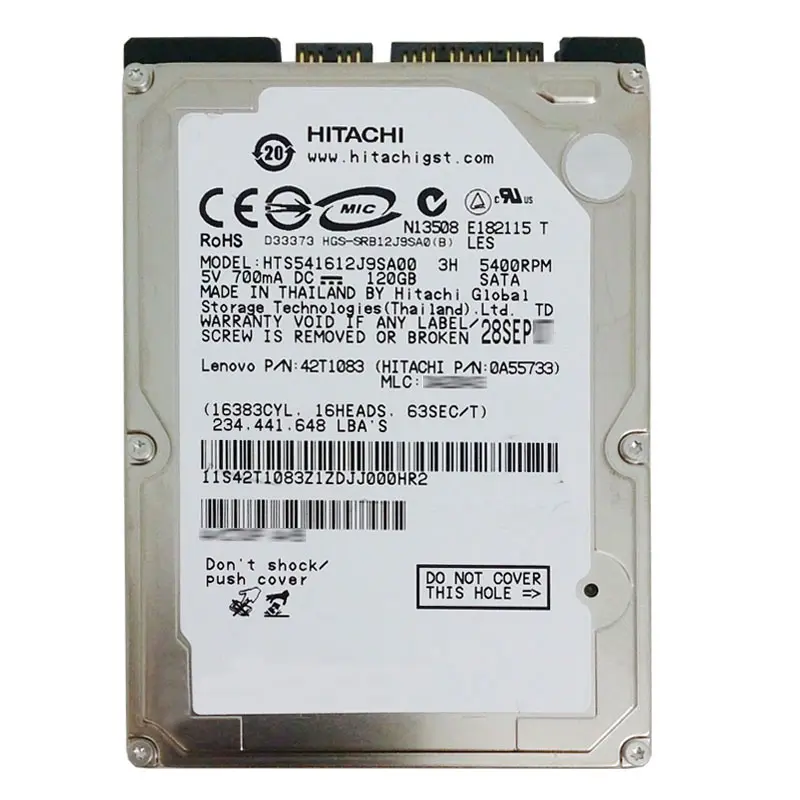 0A55733.jpg Hitachi 0A55733 - 120GB 5.4K SATA 1.5Gbps 2.5Inch 8MB Cache Hard Drive - Image 1