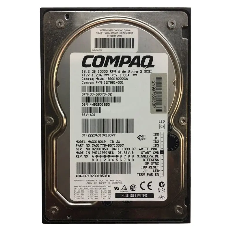 127981-001.jpg HP 127981-001 - 18.2GB 10000RPM U2 WIDE 68-Pins 3.5Inch SCSI Hard Drive - Image 1