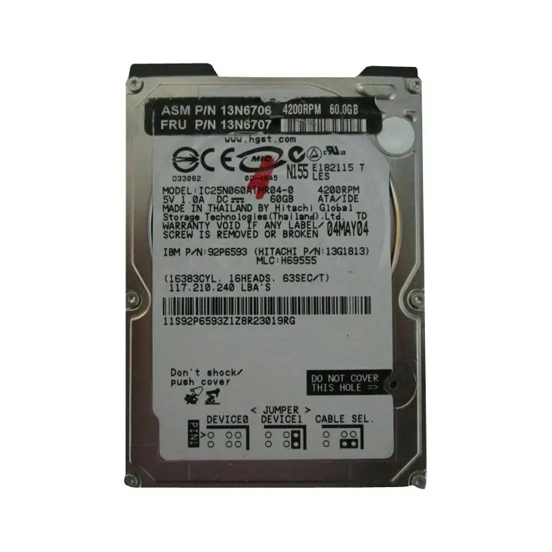 13N6706.jpg IBM 13N6706 - 60GB 4.2K IDE 2.5" Hard Drive - Image 1