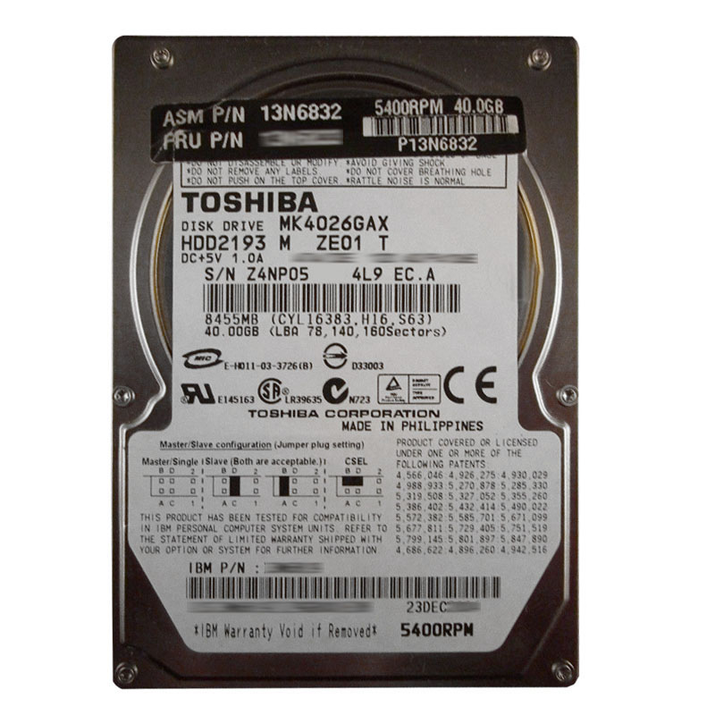13N6832.jpg IBM 13N6832 - 40GB 5.4K IDE 2.5" Hard Drive - Image 1