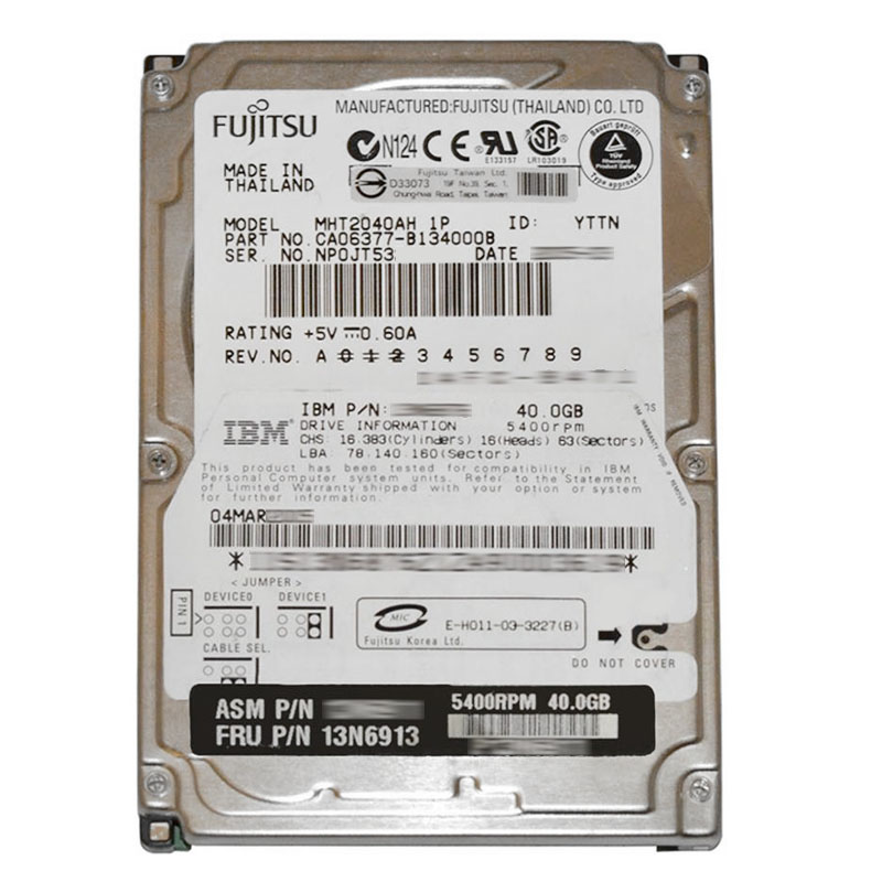 13N6913.jpg IBM 13N6913 - 40GB 5.4K IDE 2.5" Hard Drive - Image 1