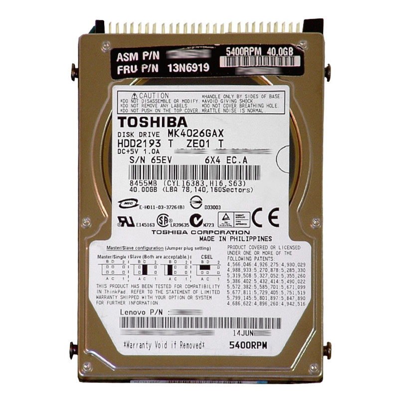 13N6919.jpg IBM 13N6919 - 40GB 5.4K IDE 2.5" 16MB Cache Hard Drive - Image 1