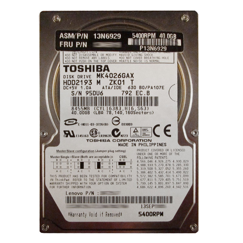 13N6929.jpg IBM 13N6929 - 40GB 5.4K IDE 2.5" 16MB Cache Hard Drive - Image 1