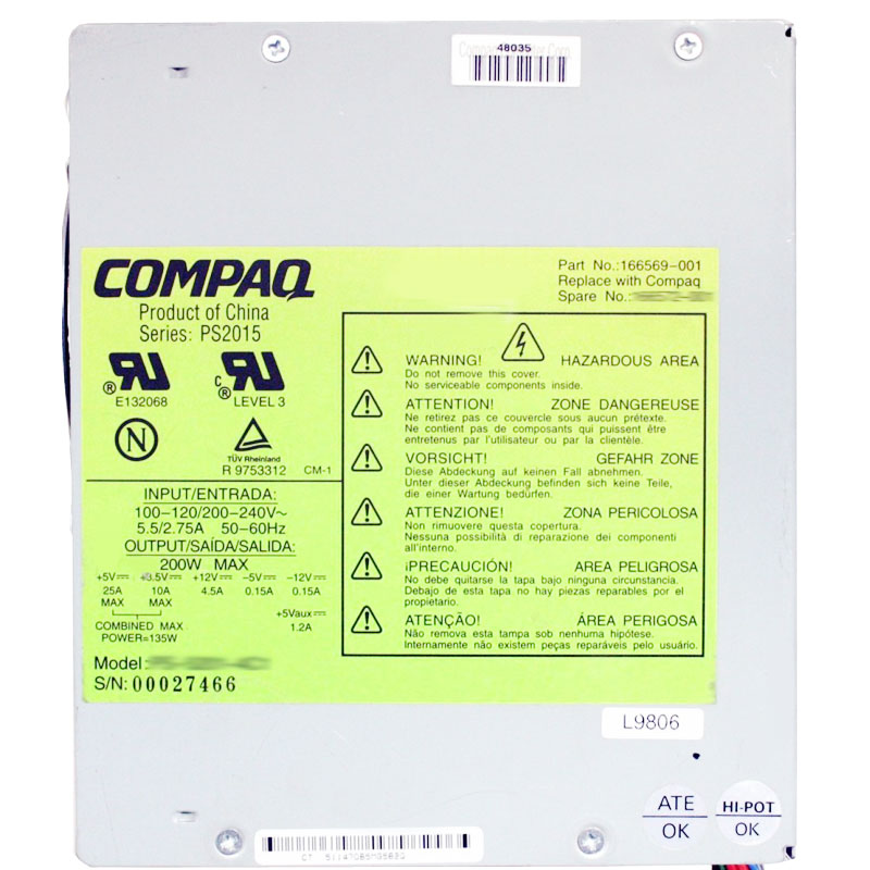 HP 166569-001 - 200W Power Supply For Deskpro 4000 6000