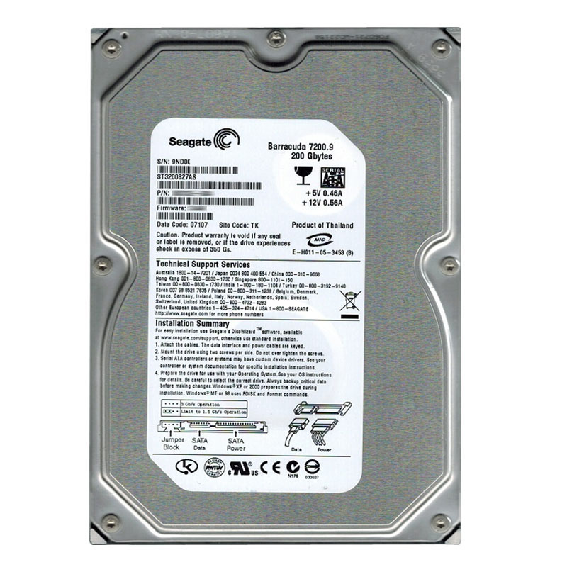 Seagate - 200GB 7.2K SATA 3.0Gbps 3.5" 8MB Cache Hard Drive - ST3200827AS